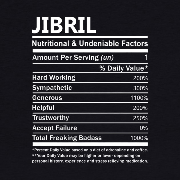 Jibril Name T Shirt - Jibril Nutritional and Undeniable Name Factors Gift Item Tee by nikitak4um